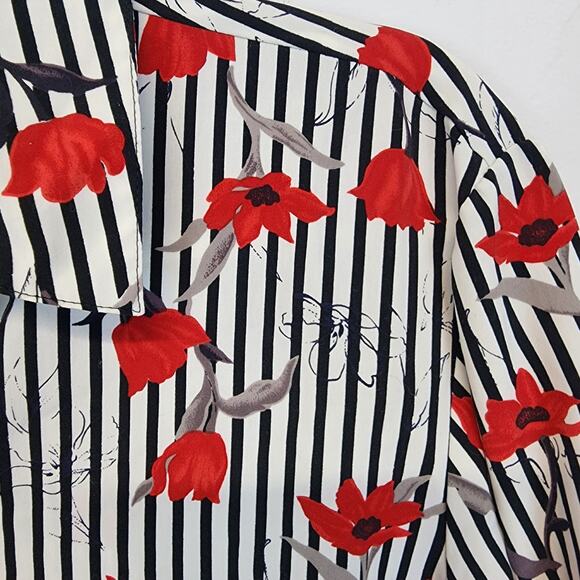 Vintage Alia Rose Print Career Blouse Size 14 Red Stripe Button Up Long Sleeve - Picture 6 of 14